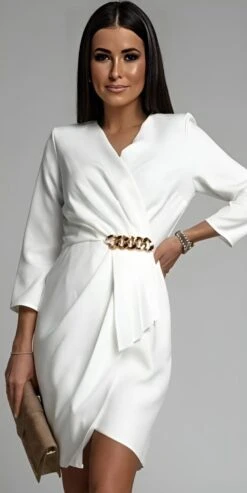 Vestito Donna Tubino Scollo V Gioiello Manica Lunga Elegante