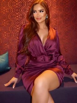 Vestito Donna Tubino Scollo V Profondo Incrociato Drappeggiato Cintura Elegante Sensuale